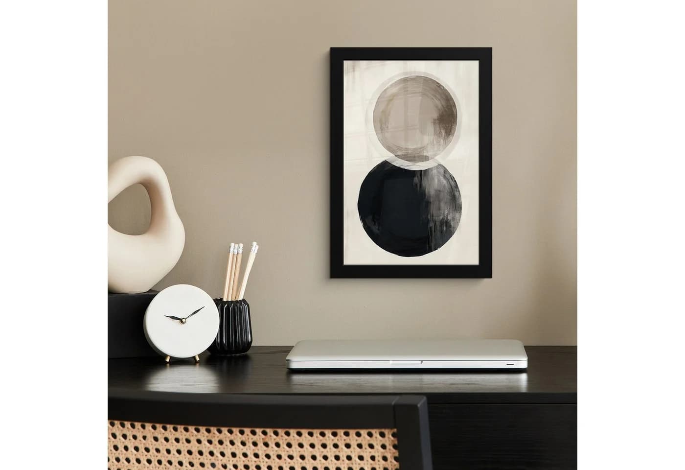MuchoWow Poster Kreise Beige Schwarz Abstrakt mit Rahmen