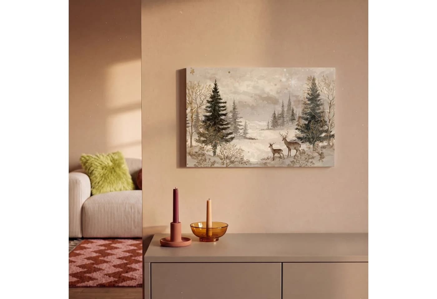 OneMillionCanvasses® Leinwandbild Wald - Hirsche - Winter - Schnee