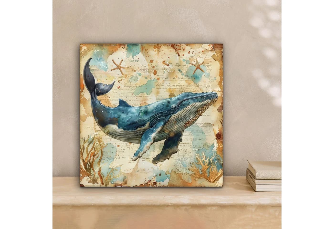 OneMillionCanvasses® Leinwandbild Vintage Wal Aquarell Blau Meerestiere 20x20 cm