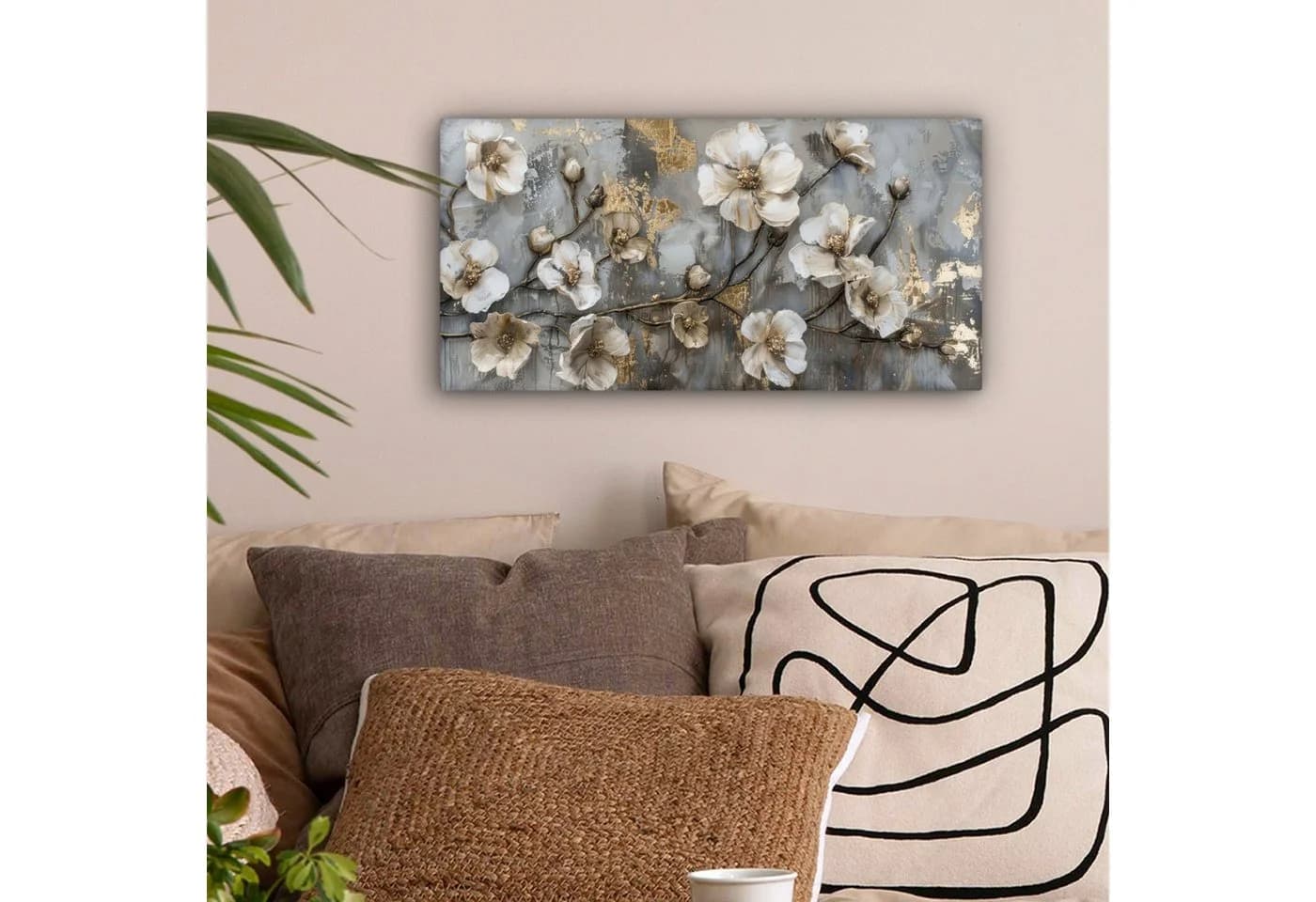 OneMillionCanvasses® Leinwandbild Panorama Blumen Weiß-Grau-Gold Fotodruck