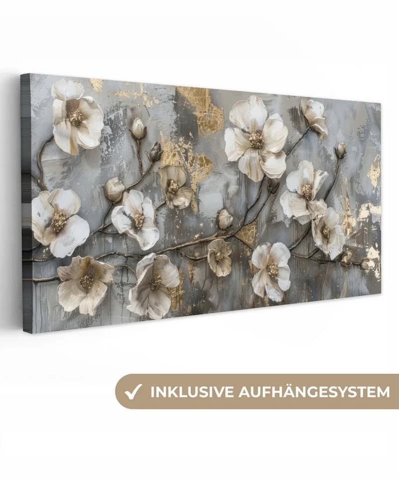 OneMillionCanvasses® Leinwandbild Panorama Blumen Weiß-Grau-Gold Fotodruck - Bild 2