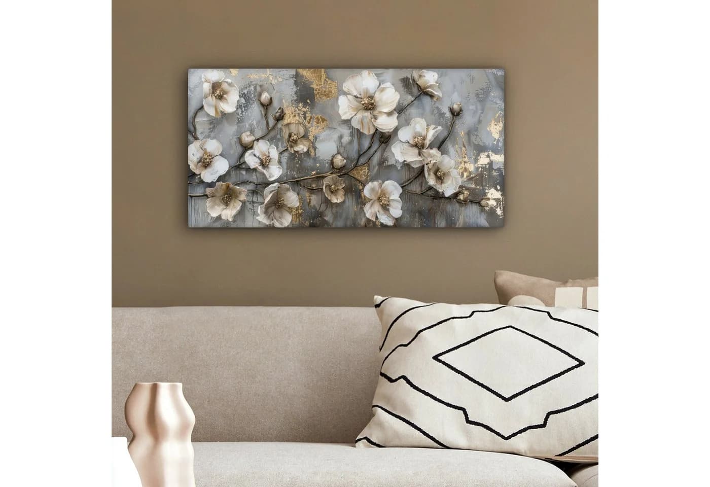 OneMillionCanvasses® Leinwandbild Panorama Blumen Weiß-Grau-Gold Fotodruck - Bild 4