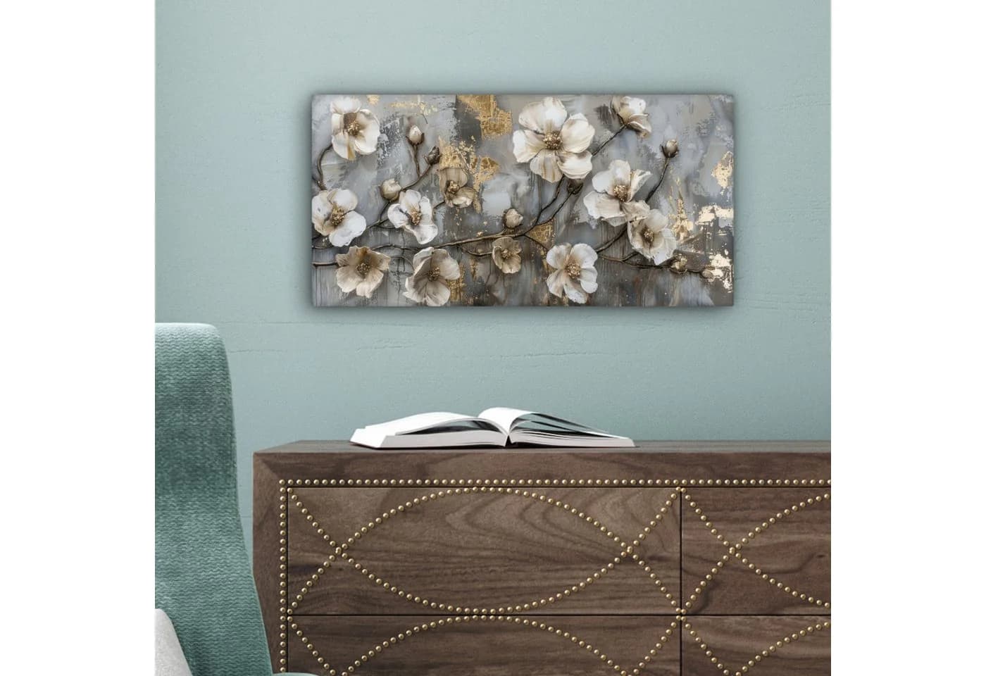 OneMillionCanvasses® Leinwandbild Panorama Blumen Weiß-Grau-Gold Fotodruck - Bild 5