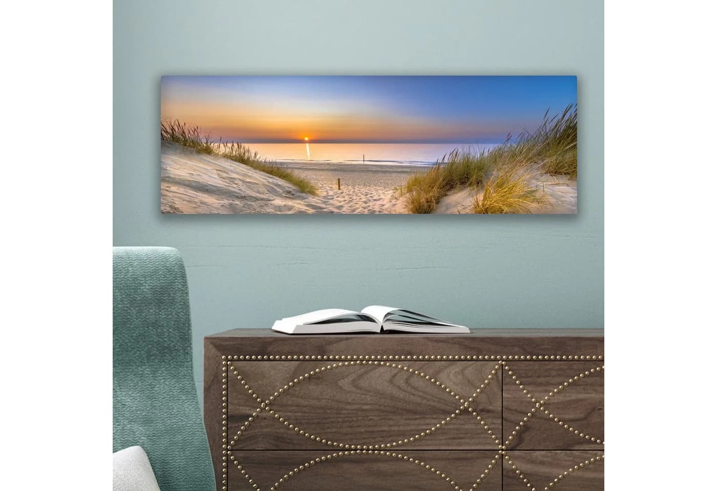OneMillionCanvasses® Leinwandbild Panorama Düne - Sonnenuntergang - Horizont - Strand - Gras - Bild 5