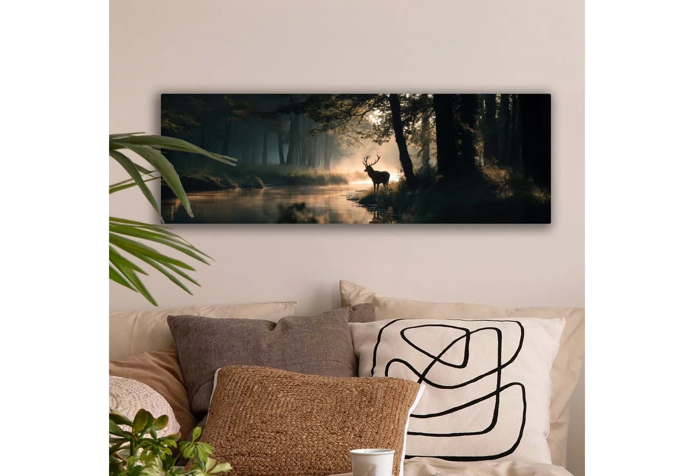 OneMillionCanvasses® Leinwandbild Panorama Hirsche - Waldbach - Mystisch