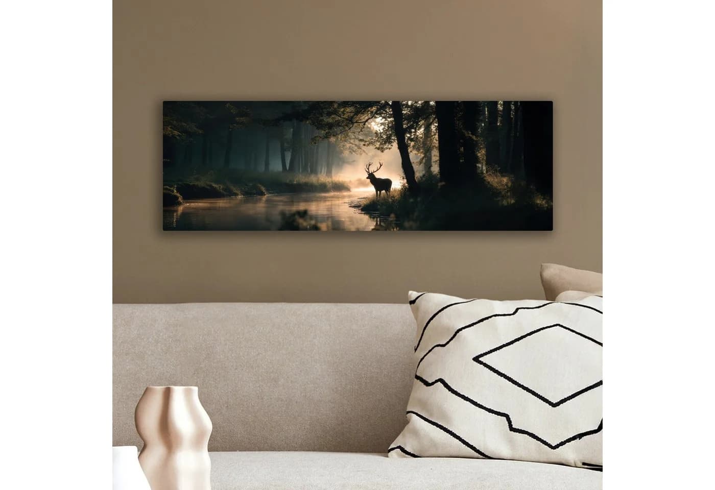 OneMillionCanvasses® Leinwandbild Panorama Hirsche - Waldbach - Mystisch - Bild 4