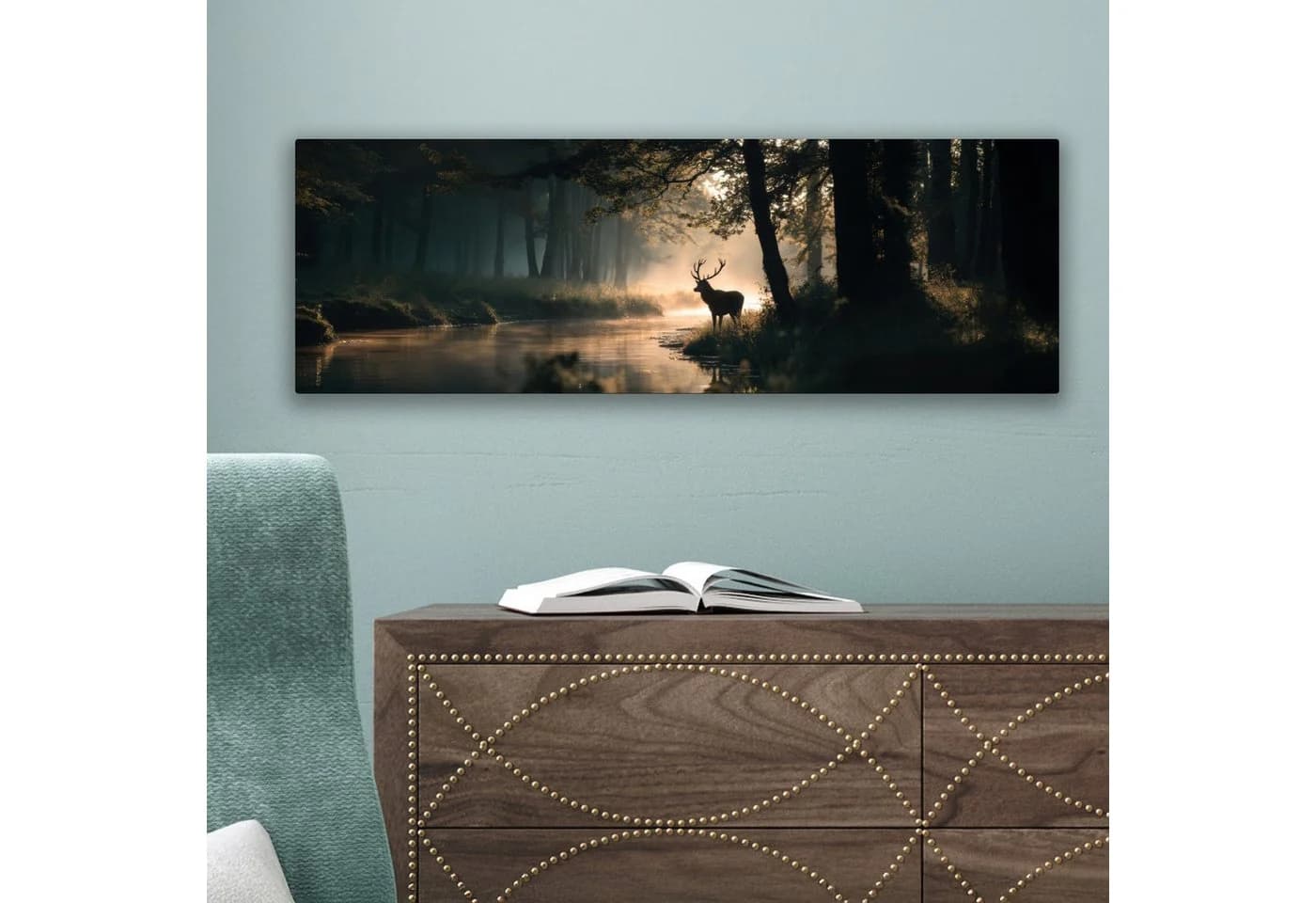 OneMillionCanvasses® Leinwandbild Panorama Hirsche - Waldbach - Mystisch - Bild 5