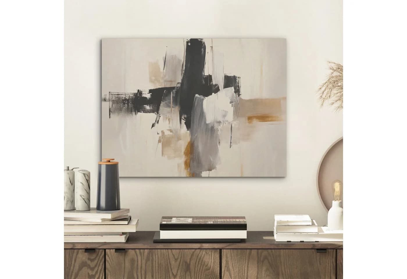 MuchoWow Akustikbild Abstrakt Beige Schwarz Weiß Gold PET-Filz