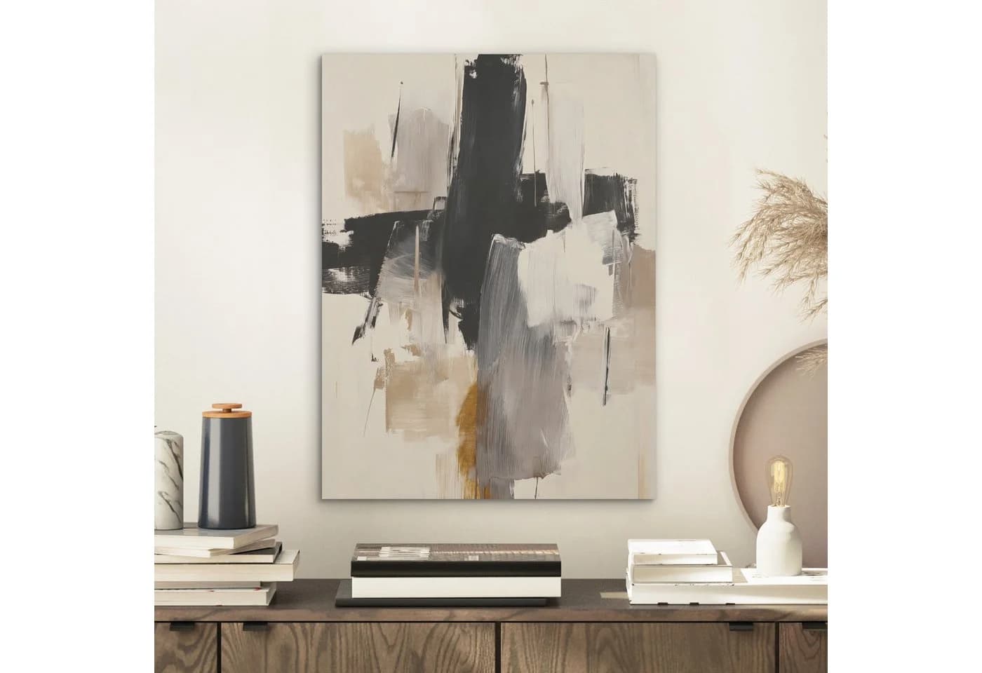 MuchoWow Akustikbild Abstrakt Beige Schwarz Weiß Gold PET-Filz