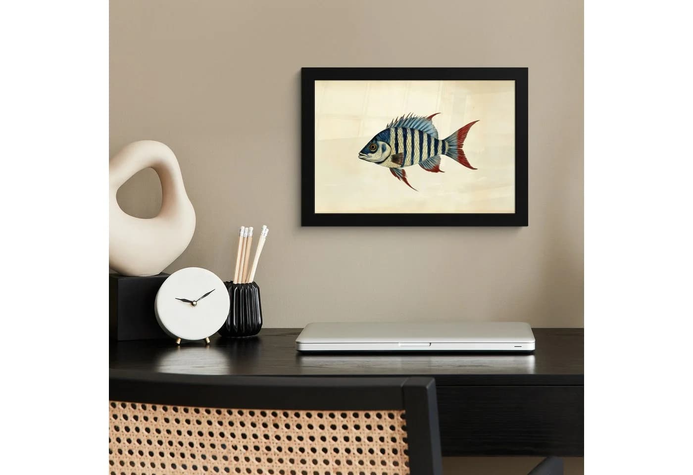 MuchoWow Poster Fisch Dunkelblau mit Schwarzem Rahmen