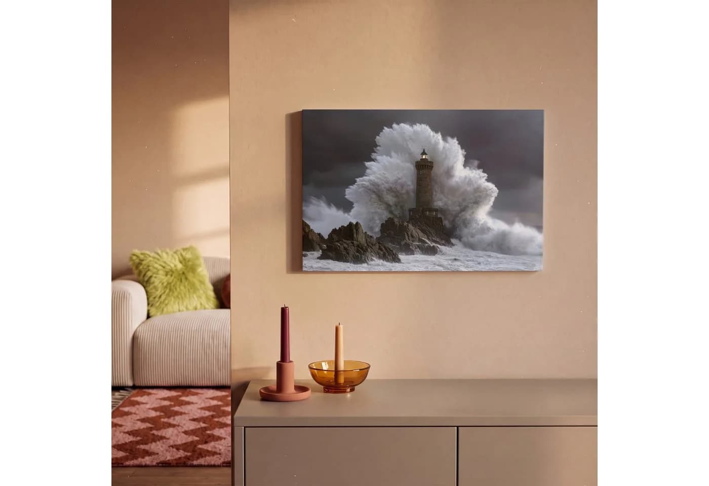 OneMillionCanvasses Leinwandbild Welle Leuchtturm 30x20 cm