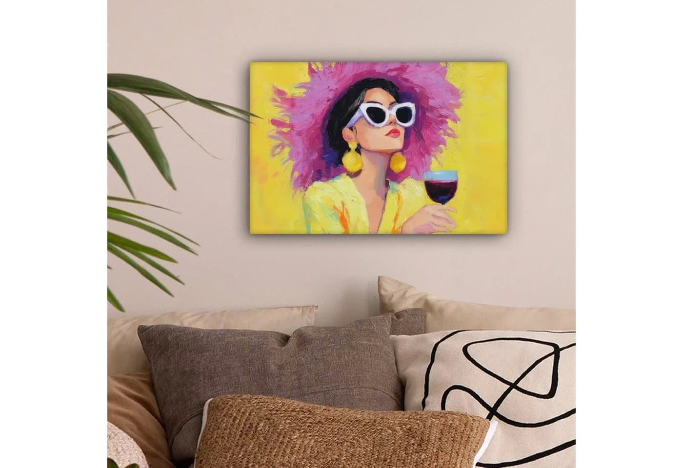 OneMillionCanvasses® Leinwandbild Frau mit lila Hut und Wein