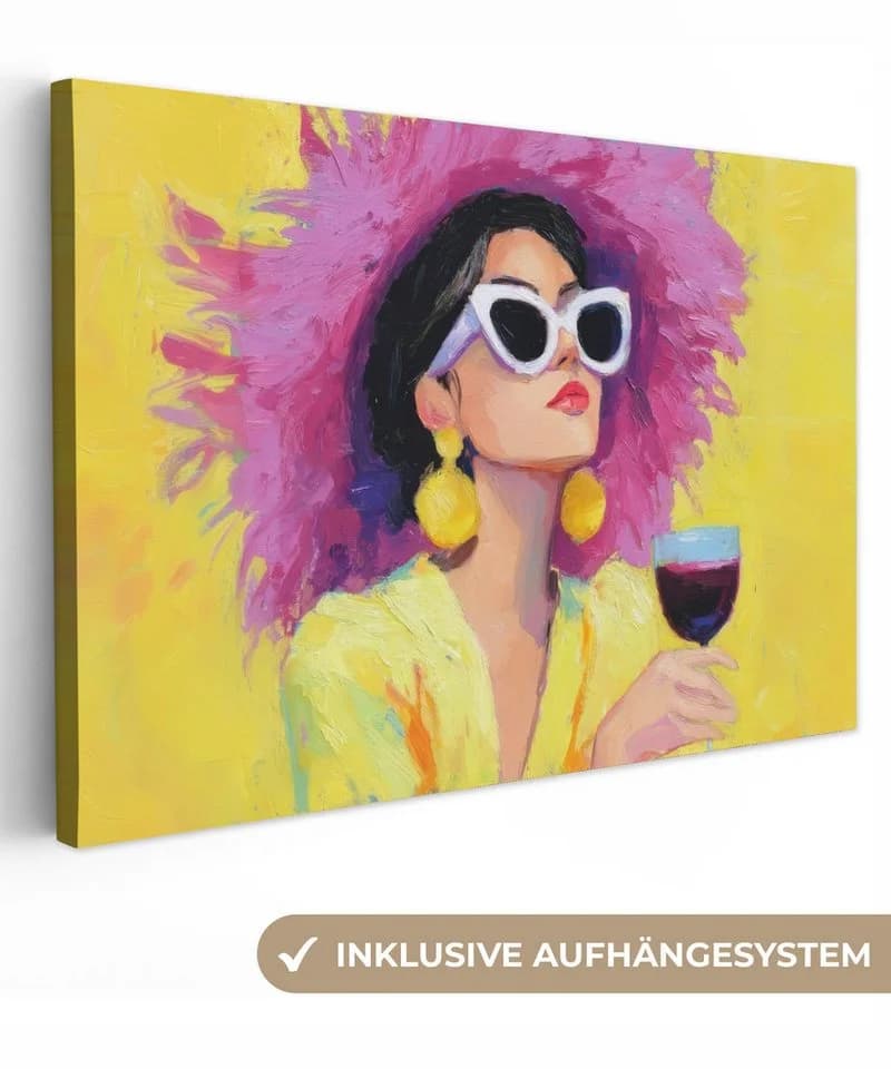 OneMillionCanvasses® Leinwandbild Frau mit lila Hut und Wein - Bild 2