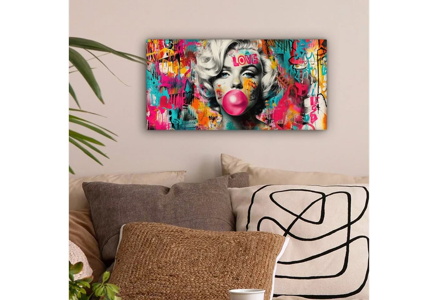OneMillionCanvasses® Leinwandbild Panorama Frau - Kaugummi - Graffiti - Neonfarben