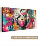 OneMillionCanvasses® Leinwandbild Panorama Frau - Kaugummi - Graffiti - Neonfarben Bild 2