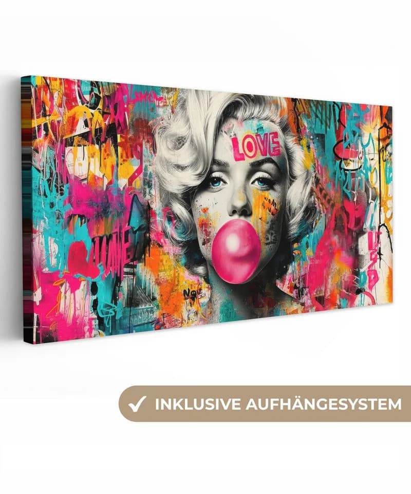 OneMillionCanvasses® Leinwandbild Panorama Frau - Kaugummi - Graffiti - Neonfarben - Bild 2