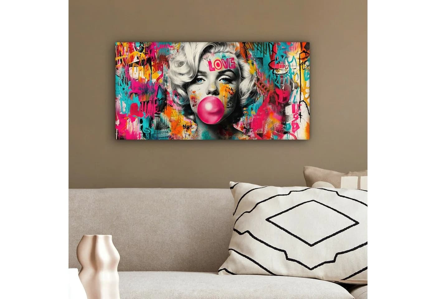 OneMillionCanvasses® Leinwandbild Panorama Frau - Kaugummi - Graffiti - Neonfarben - Bild 4