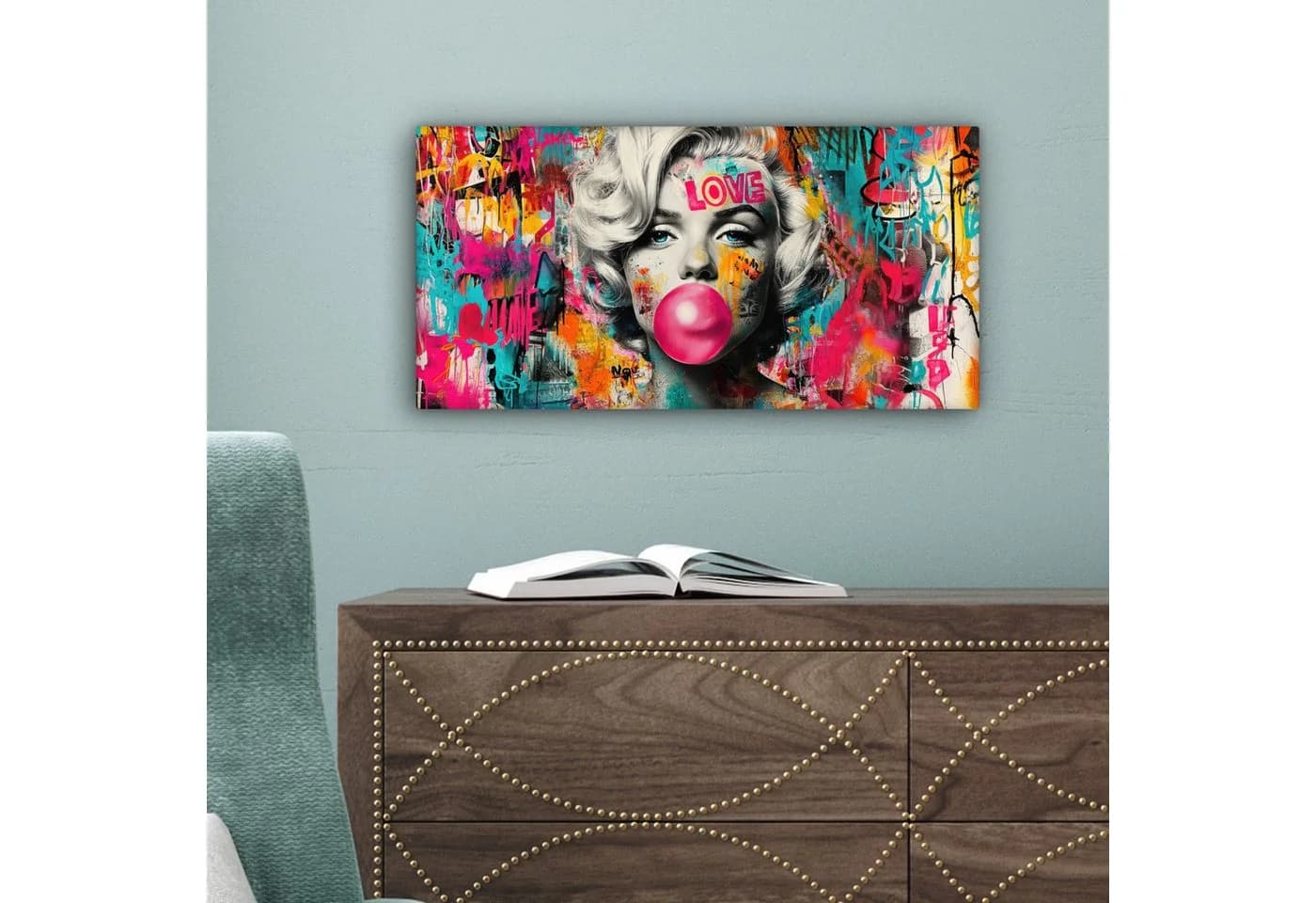OneMillionCanvasses® Leinwandbild Panorama Frau - Kaugummi - Graffiti - Neonfarben - Bild 5