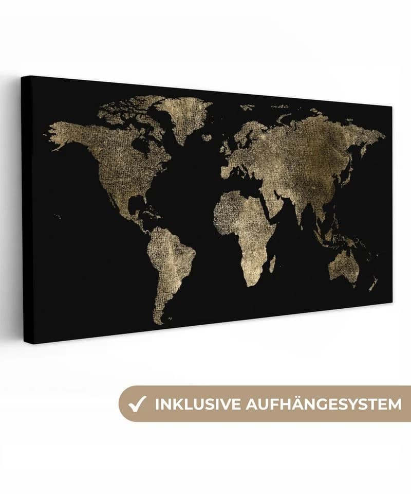 OneMillionCanvasses® Leinwandbild Panorama Weltkarte - Gold - Schwarz - 60x30 cm - Bild 2