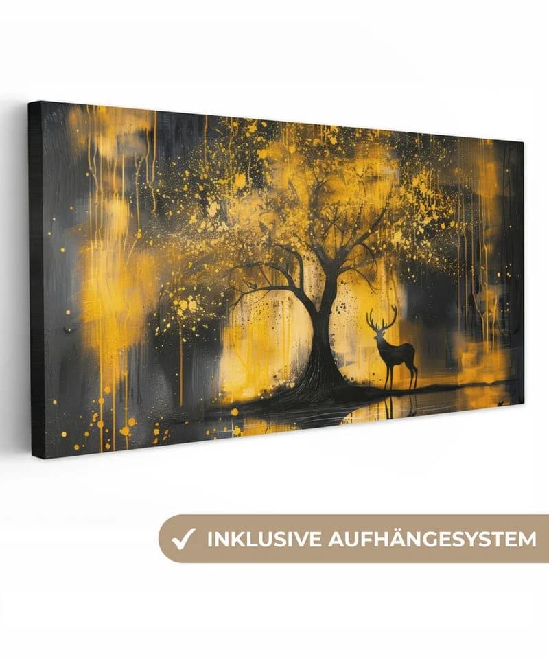 OneMillionCanvasses® Leinwandbild Panorama Baum Hirsch Gold Schwarz 60x30 cm - Bild 2