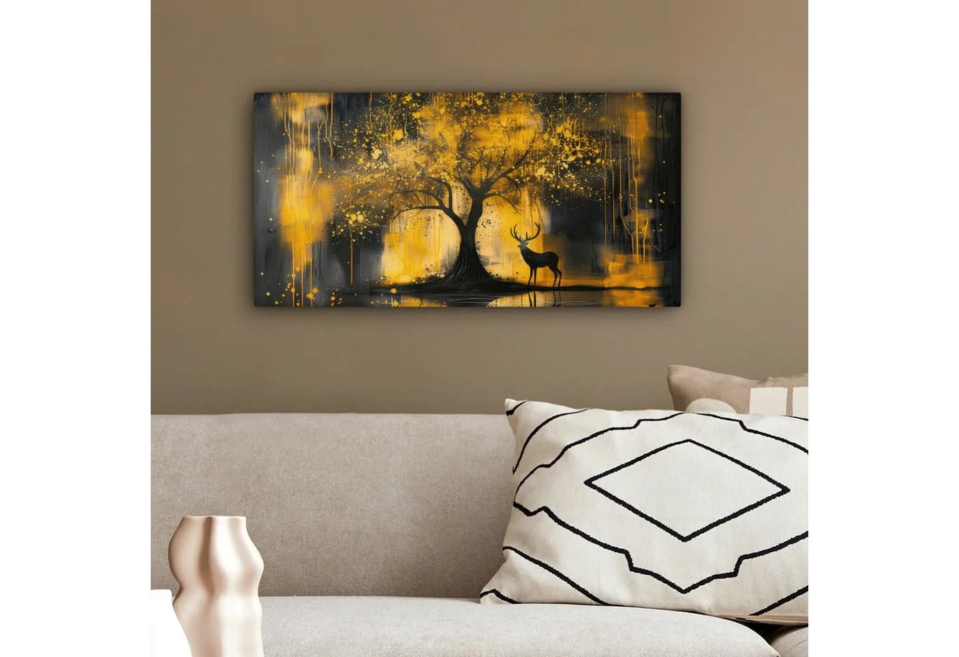 OneMillionCanvasses® Leinwandbild Panorama Baum Hirsch Gold Schwarz 60x30 cm - Bild 4
