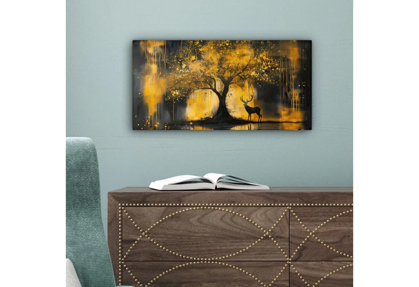 OneMillionCanvasses® Leinwandbild Panorama Baum Hirsch Gold Schwarz 60x30 cm - Bild 5