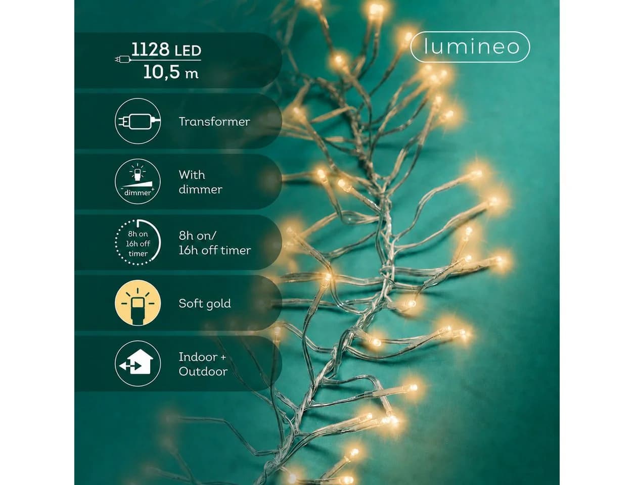 Lumineo LED-Lichterkette CLUSTER 1128 LED Soft Gold 10,5 m