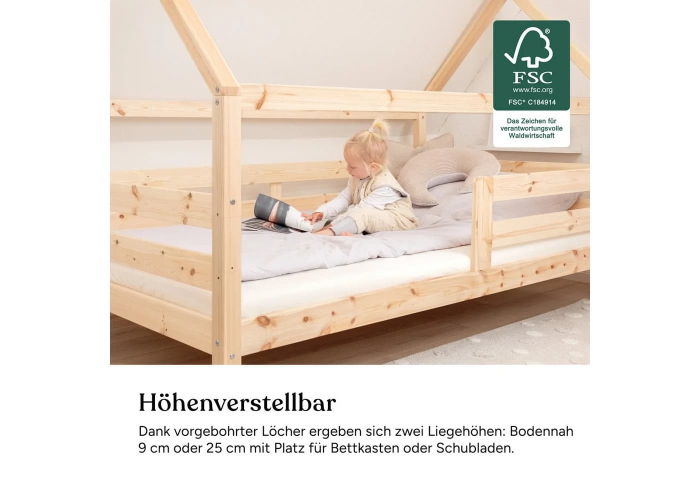 Ehrenkind Hausbett Sona Kiefernholz höhenverstellbar mit Rausfallschutz - Bild 4