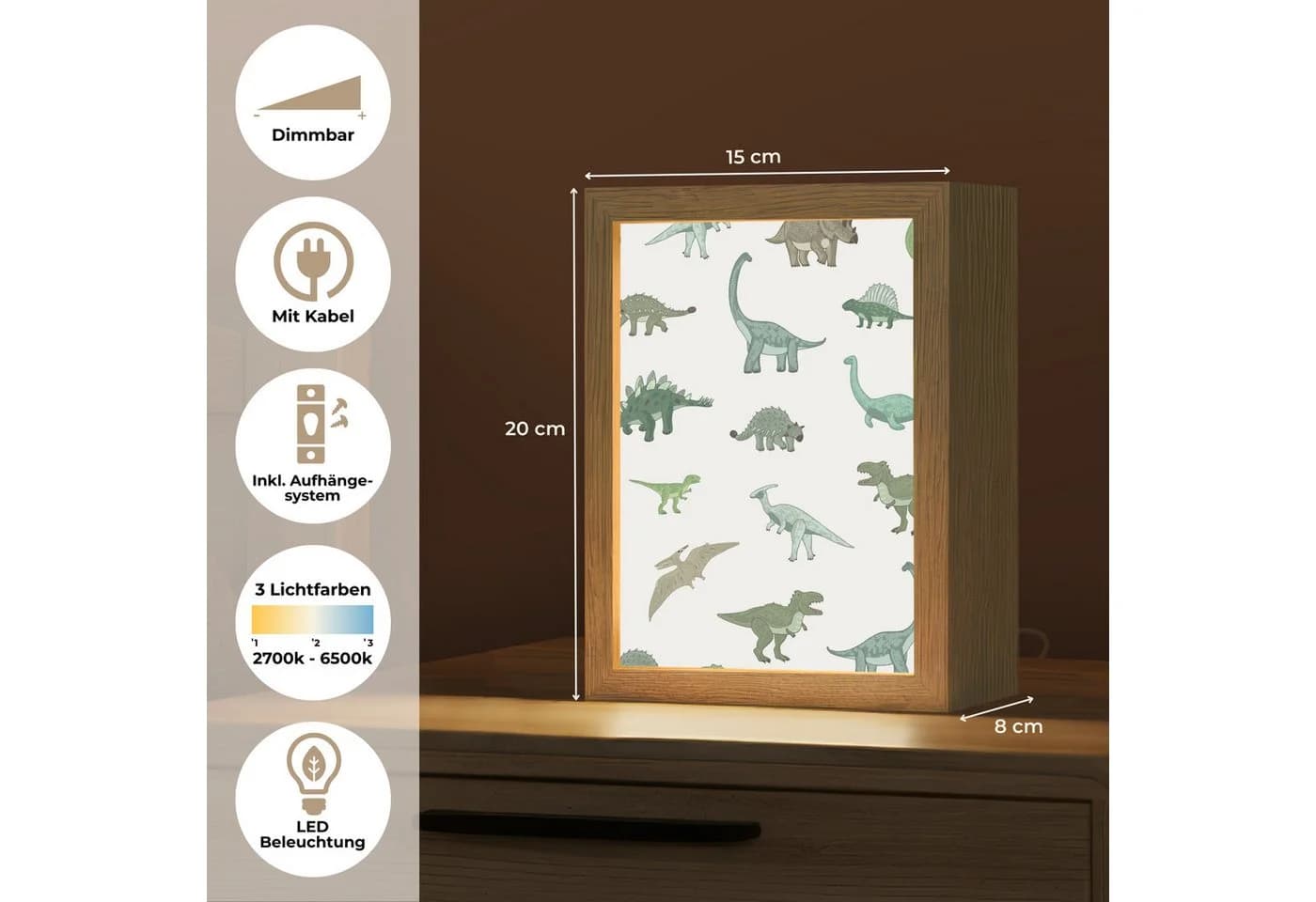OnlyWow Nachttischlampe Lightbox Dino Dinosaurier Dimmbar LED - Bild 3