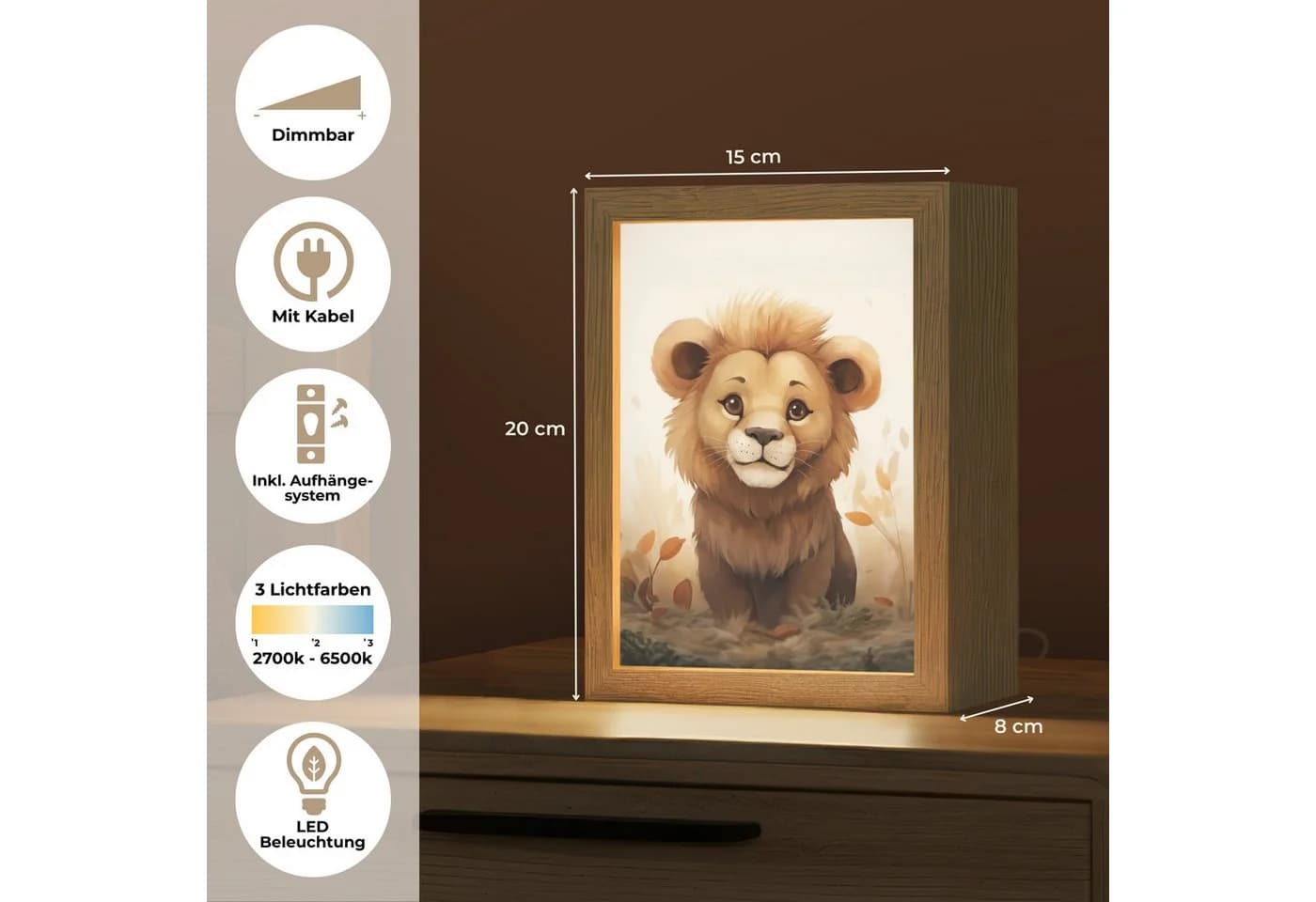 OnlyWow Nachttischlampe Lightbox Löwe Dimmbar LED Holzrahmen - Bild 3