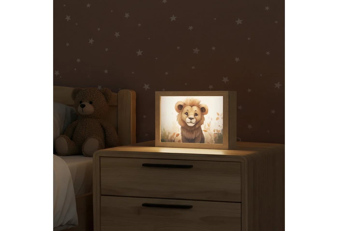 OnlyWow Nachttischlampe Lightbox Löwe Dimmbar LED Holzrahmen