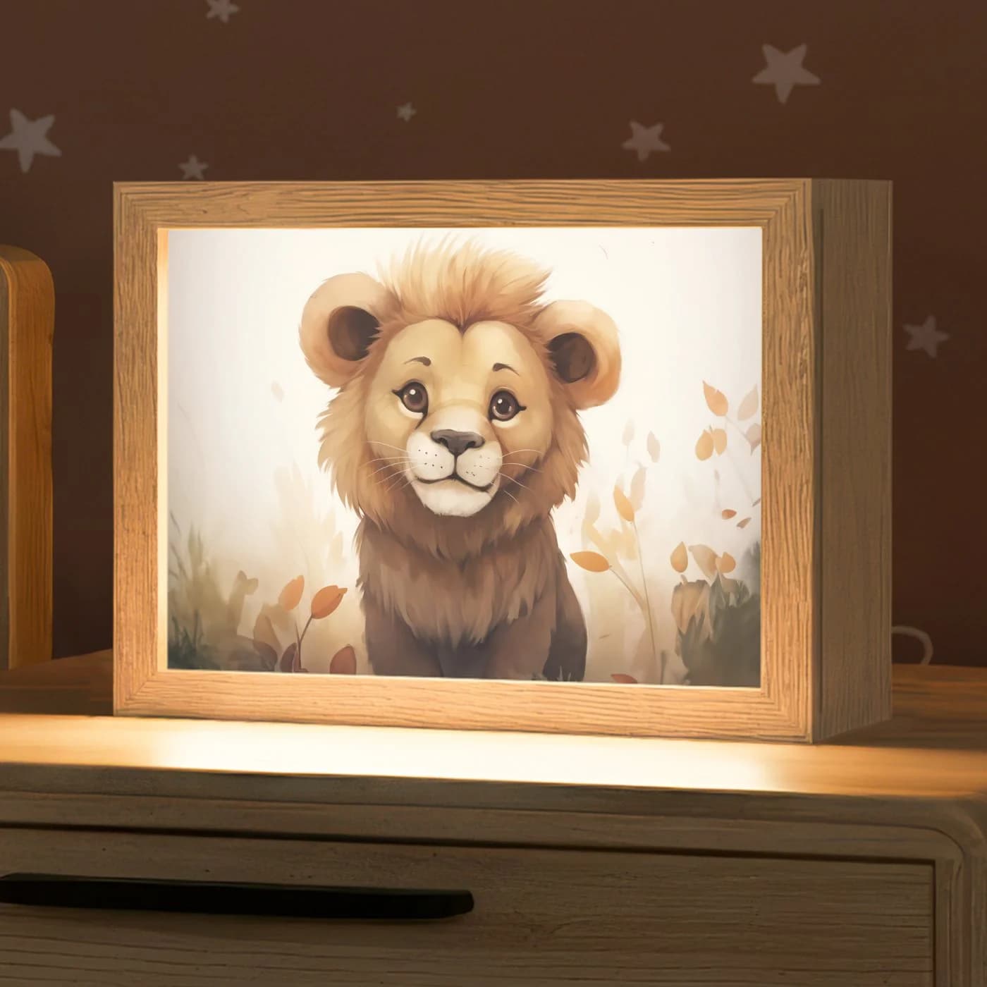 OnlyWow Nachttischlampe Lightbox Löwe Dimmbar LED Holzrahmen - Bild 2
