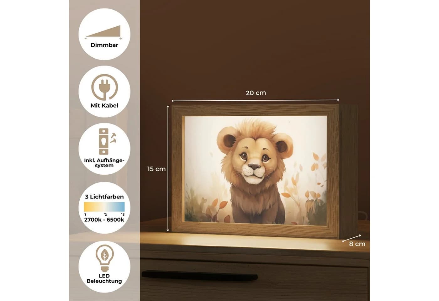 OnlyWow Nachttischlampe Lightbox Löwe Dimmbar LED Holzrahmen - Bild 3