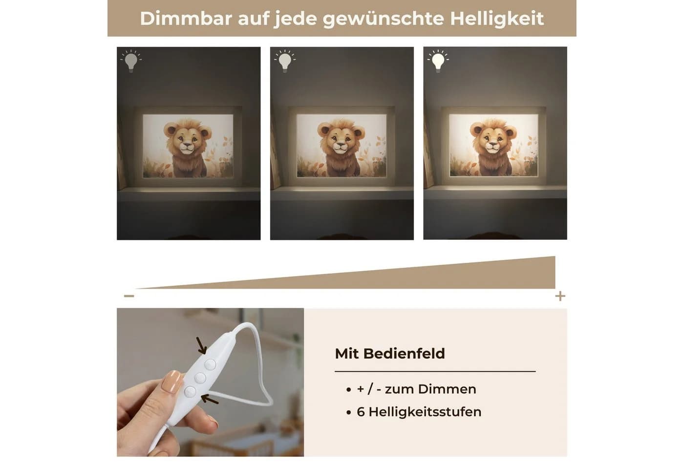 OnlyWow Nachttischlampe Lightbox Löwe Dimmbar LED Holzrahmen - Bild 5