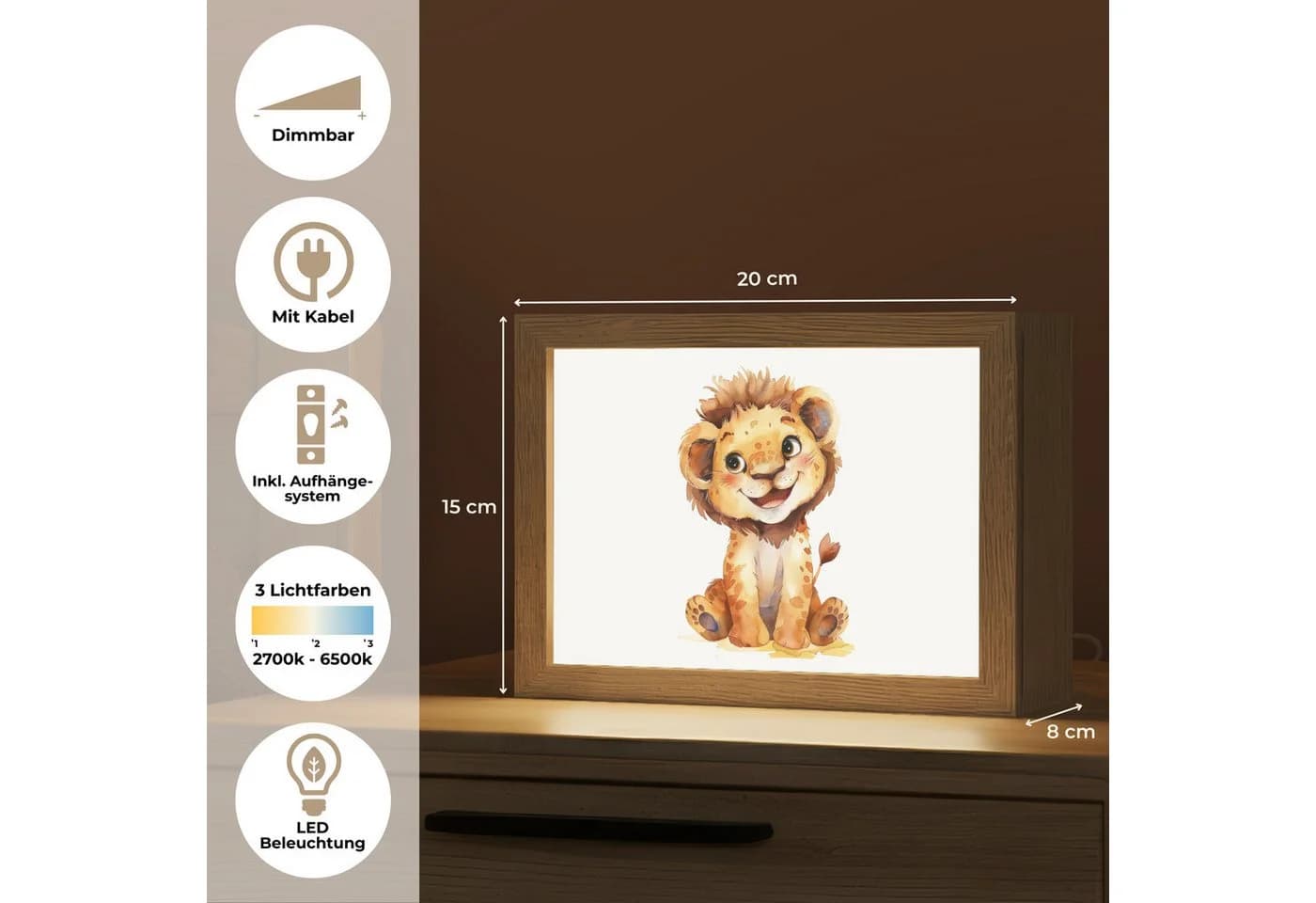OnlyWow Nachttischlampe Lightbox Löwe Dimmbar LED Nachtlicht Kinderzimmer - Bild 3