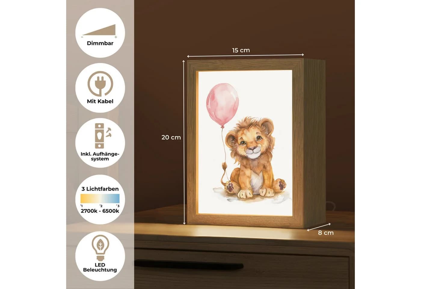 OnlyWow Nachttischlampe Lightbox Löwe Rosa Dimmbar LED - Bild 3