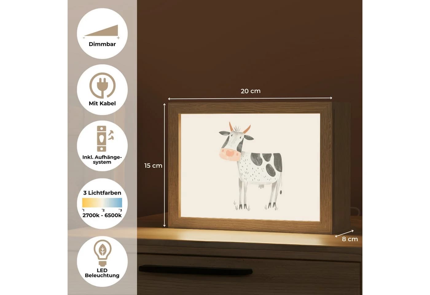 OnlyWow Nachttischlampe Lightbox Kuh Dimmbar LED - Bild 3
