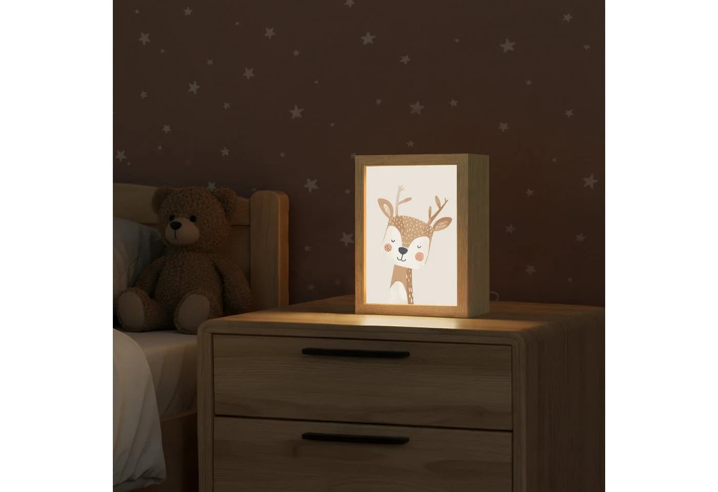 OnlyWow Nachttischlampe Lightbox Hirsche Beige Dimmbar LED