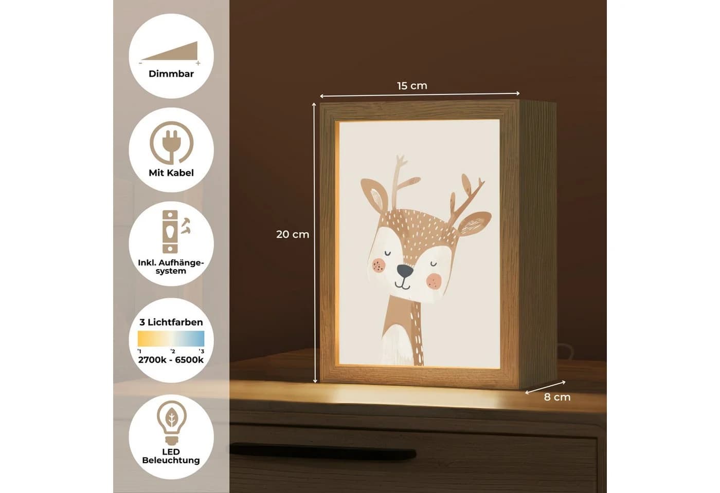 OnlyWow Nachttischlampe Lightbox Hirsche Beige Dimmbar LED - Bild 3