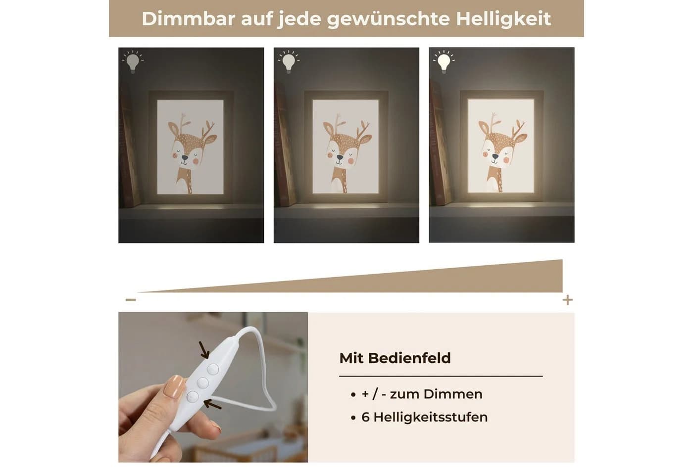 OnlyWow Nachttischlampe Lightbox Hirsche Beige Dimmbar LED - Bild 5