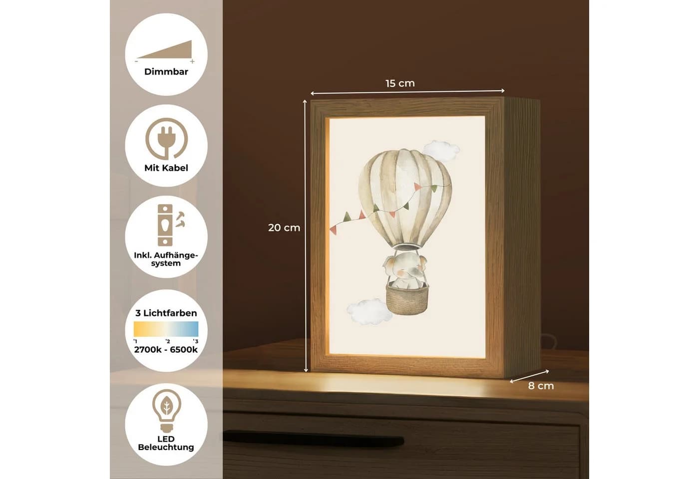 OnlyWow Nachttischlampe Lightbox Elefant Dimmbar Beige LED - Bild 3