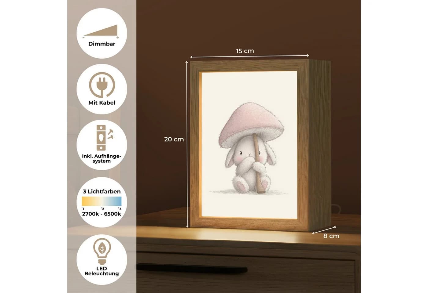 OnlyWow Nachttischlampe Lightbox Pilz Rosa Dimmbar LED - Bild 3