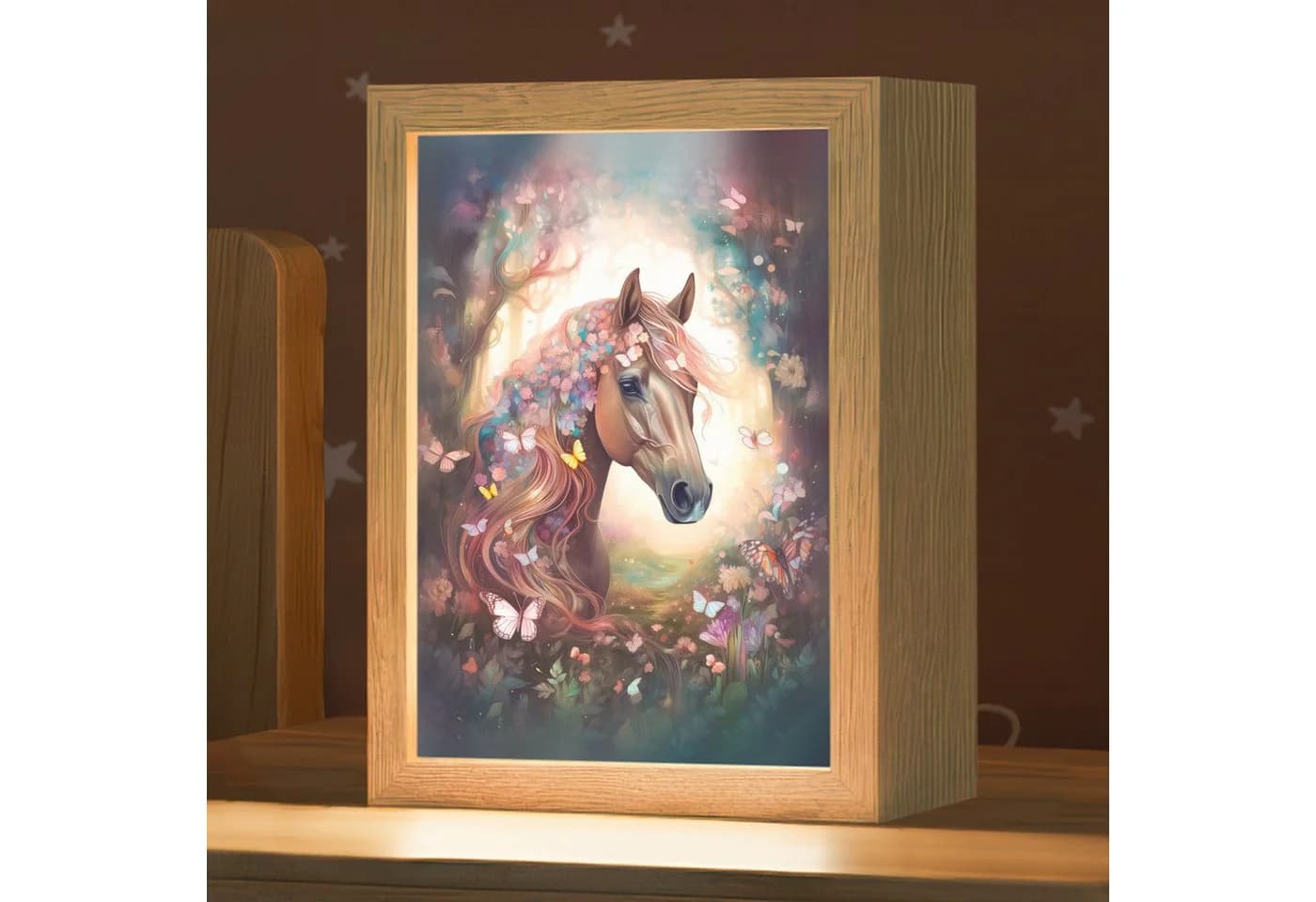 OnlyWow Nachttischlampe Lightbox Pferd Natur Blumen Schmetterlinge Wald - Bild 2