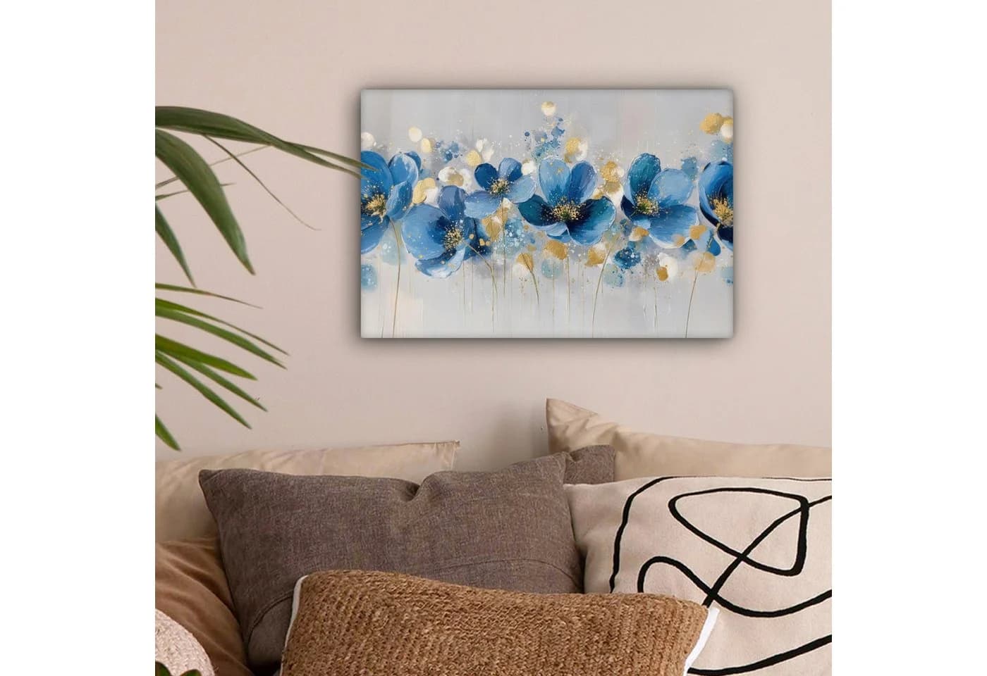 OneMillionCanvasses® Leinwandbild Blau Abstrakt Blumen Goldakzente