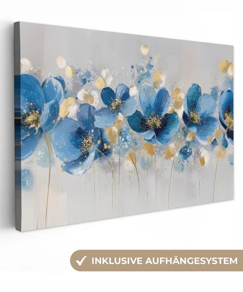 OneMillionCanvasses® Leinwandbild Blau Abstrakt Blumen Goldakzente - Bild 2
