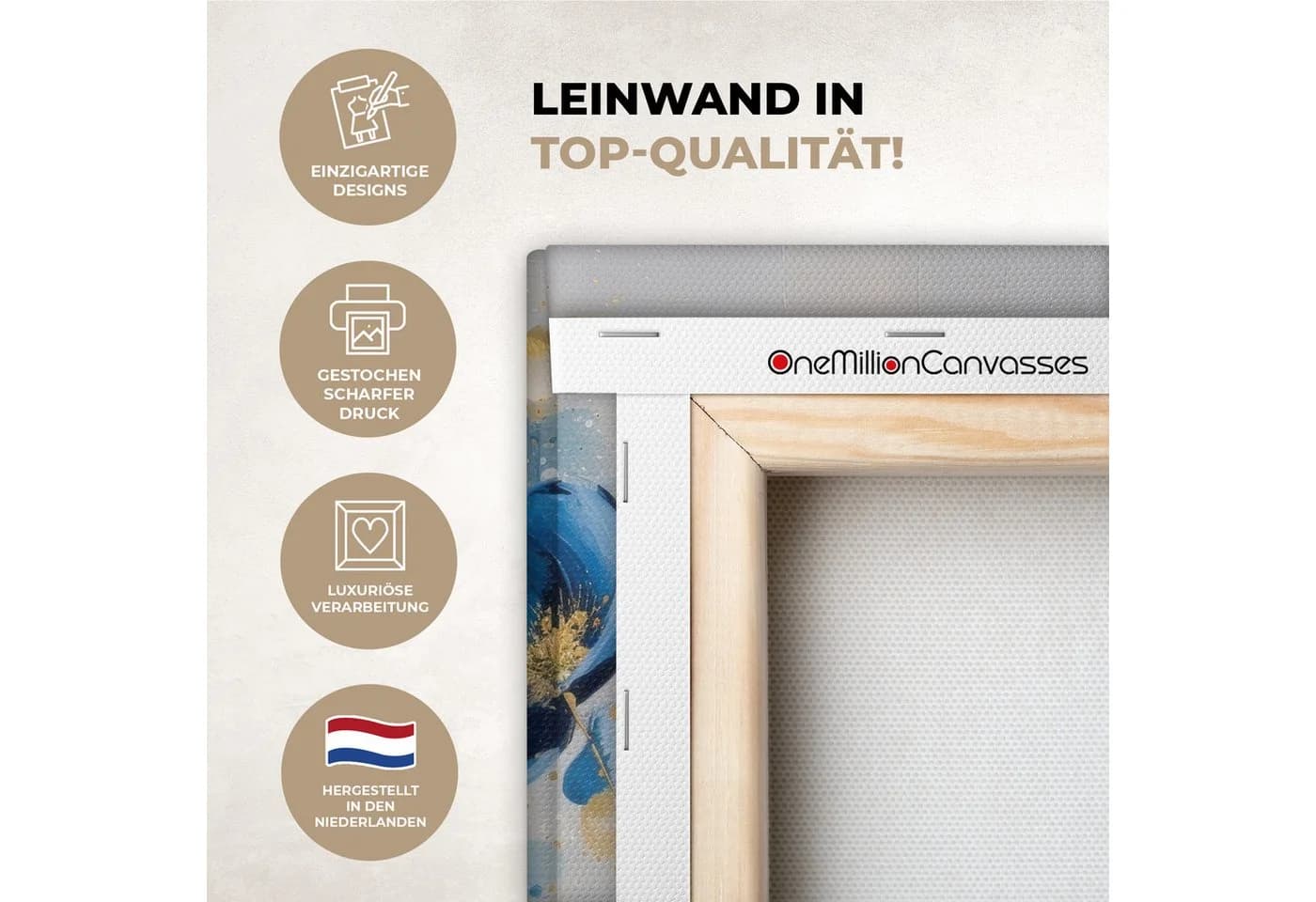 OneMillionCanvasses® Leinwandbild Blau Abstrakt Blumen Goldakzente - Bild 3