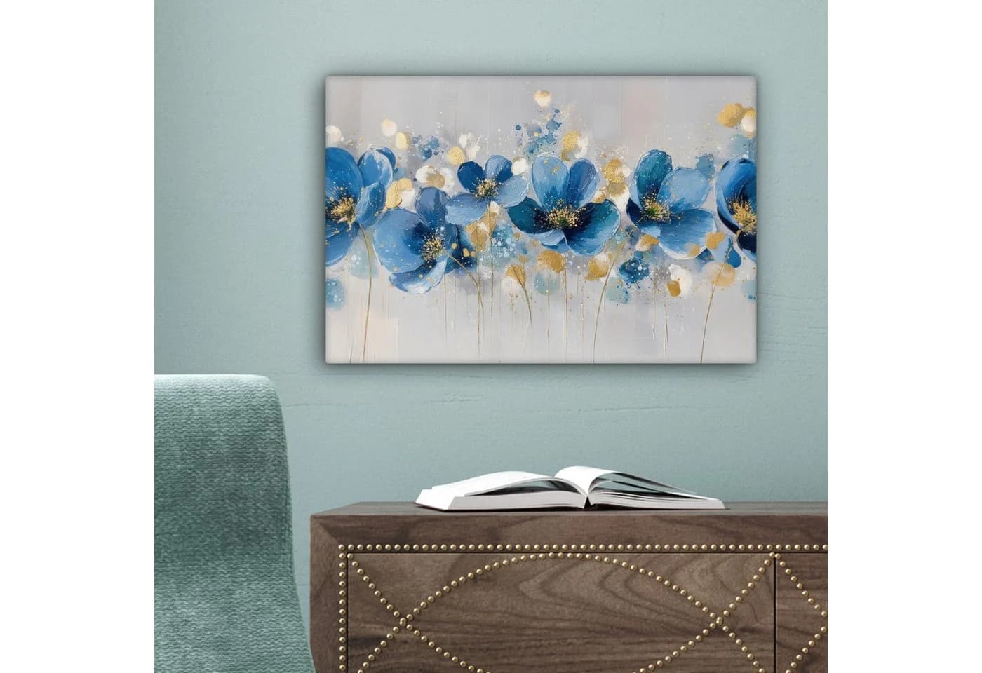 OneMillionCanvasses® Leinwandbild Blau Abstrakt Blumen Goldakzente - Bild 5