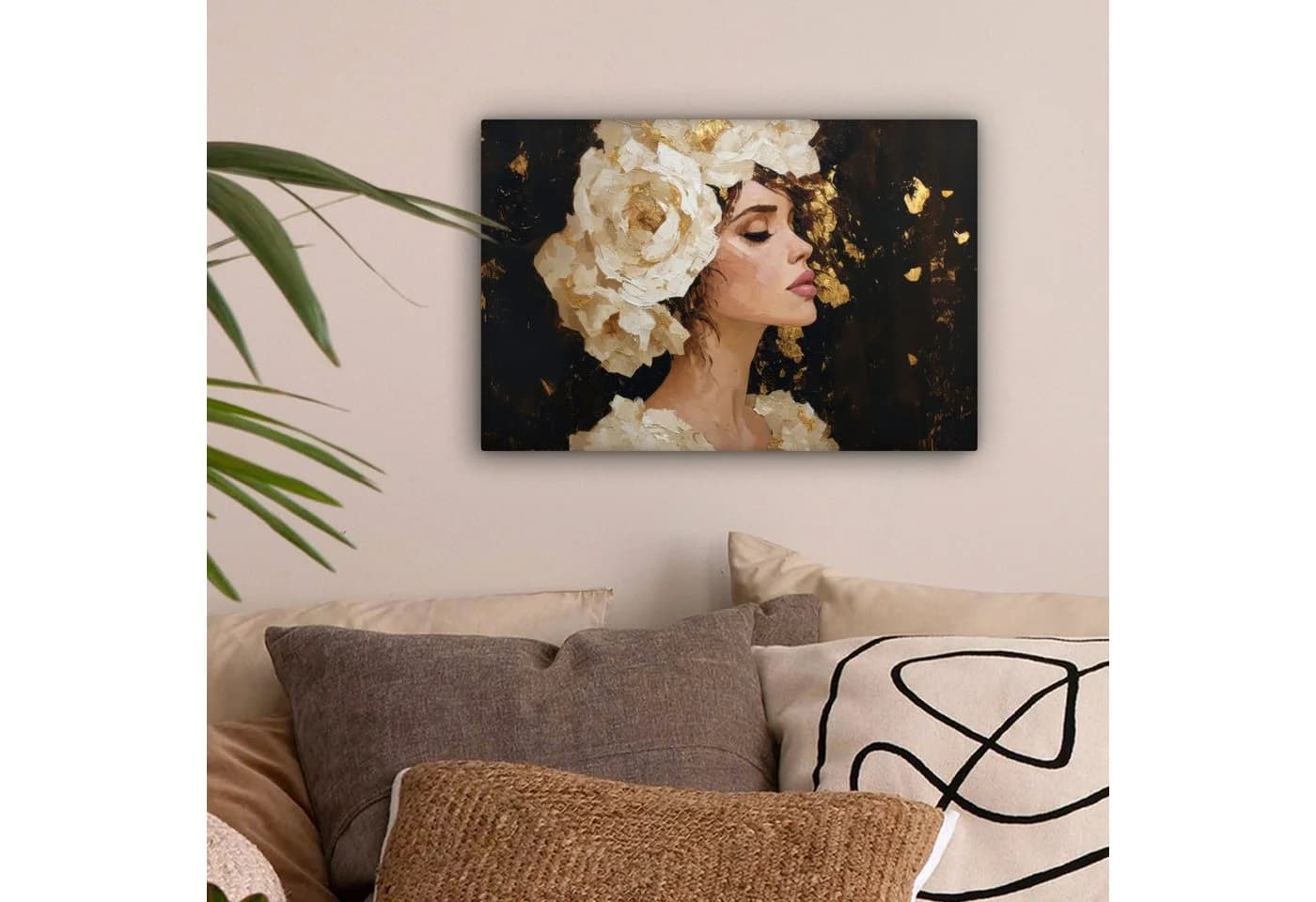 OneMillionCanvasses® Leinwandbild Abstrakt Frau Blumen Weiß Gold