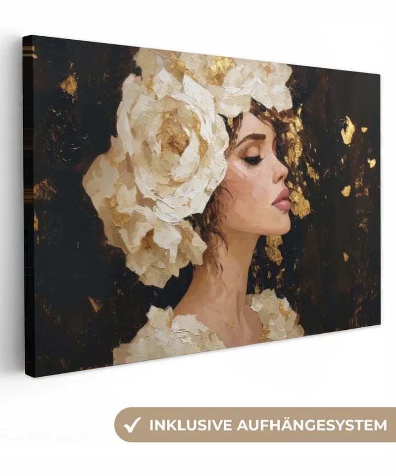 OneMillionCanvasses® Leinwandbild Abstrakt Frau Blumen Weiß Gold - Bild 2