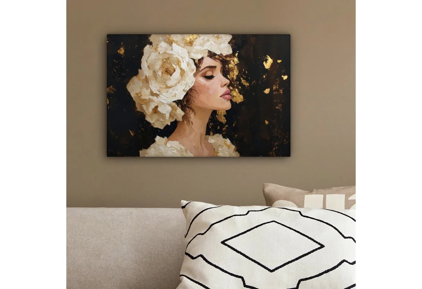 OneMillionCanvasses® Leinwandbild Abstrakt Frau Blumen Weiß Gold - Bild 4